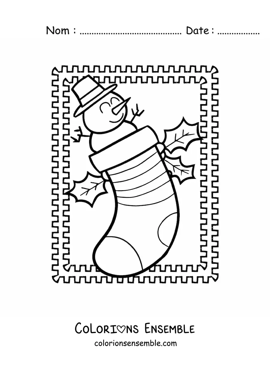 Image à colorier d’une chaussette de Noël avec un bonhomme de neige animé