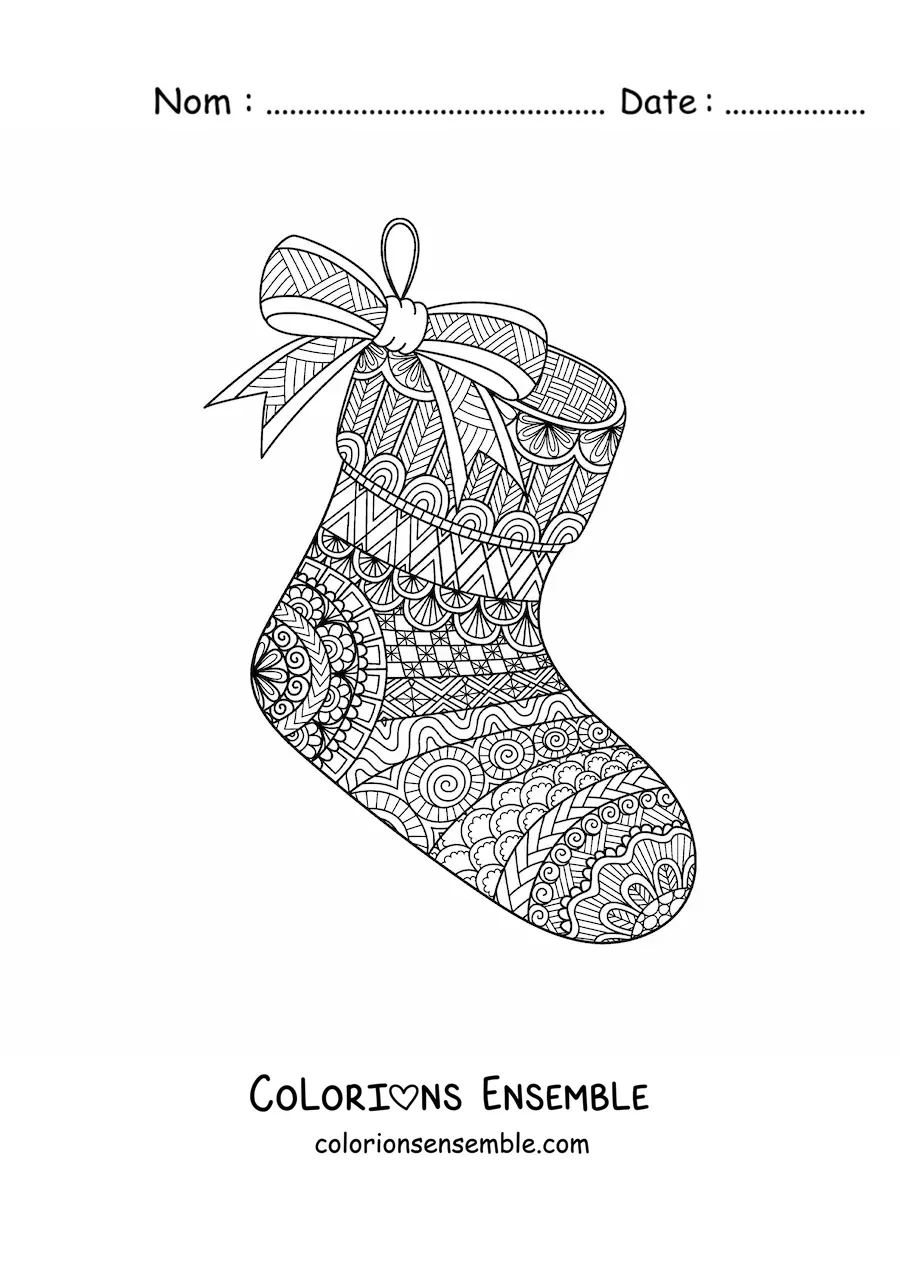 Image à colorier d’une chaussette de Noël, style zentangle