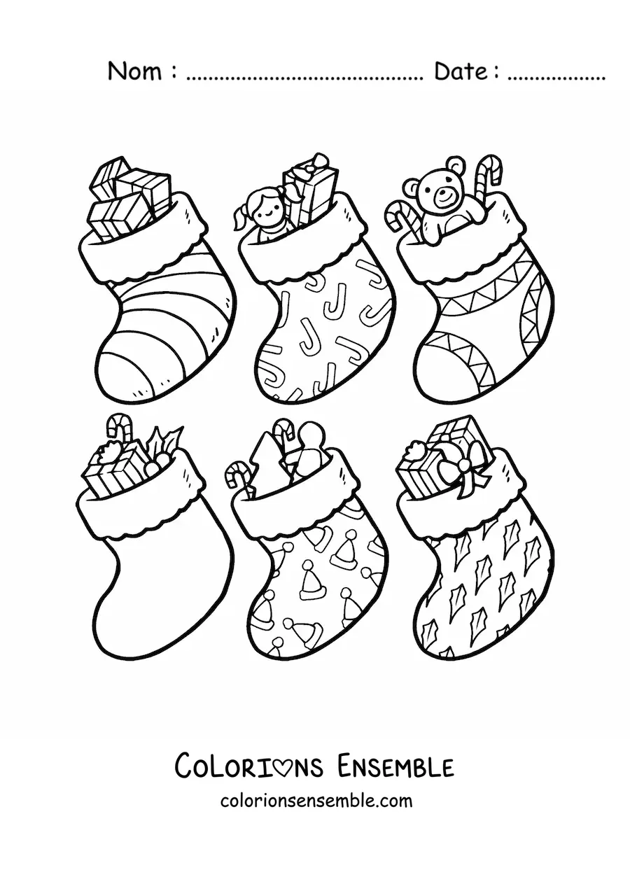 Image à colorier de petites bottes de Noël avec des cadeaux