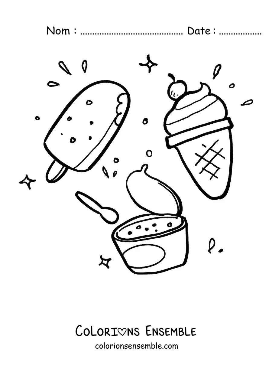 Image à colorier d'une coupe de glace à côté d'une glace à l'eau et d'un cornet de glace