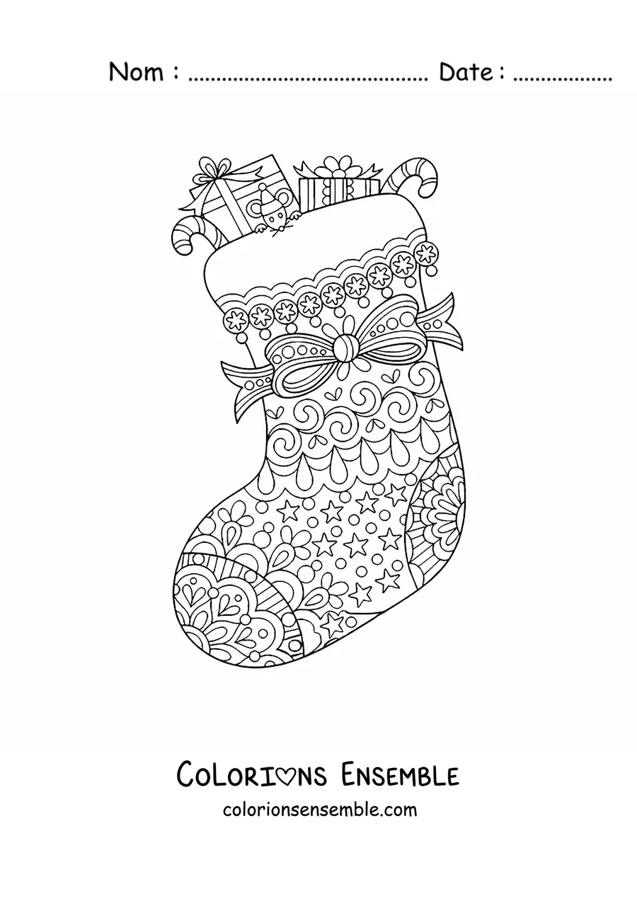 Image à colorier d’une botte de Noël avec des cadeaux et un nœud, style zentangle