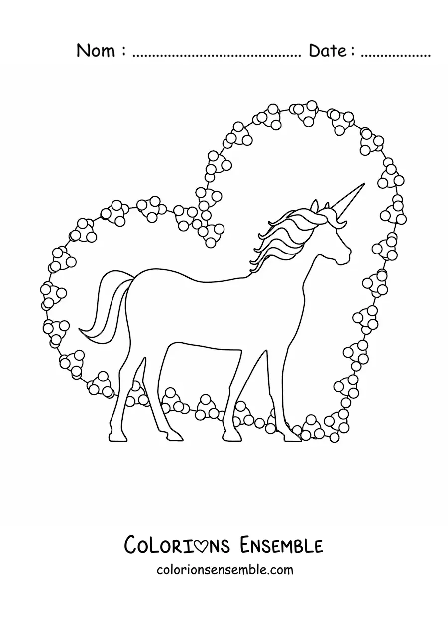 Image à colorier de la silhouette d’une licorne avec un cœur en arrière-plan