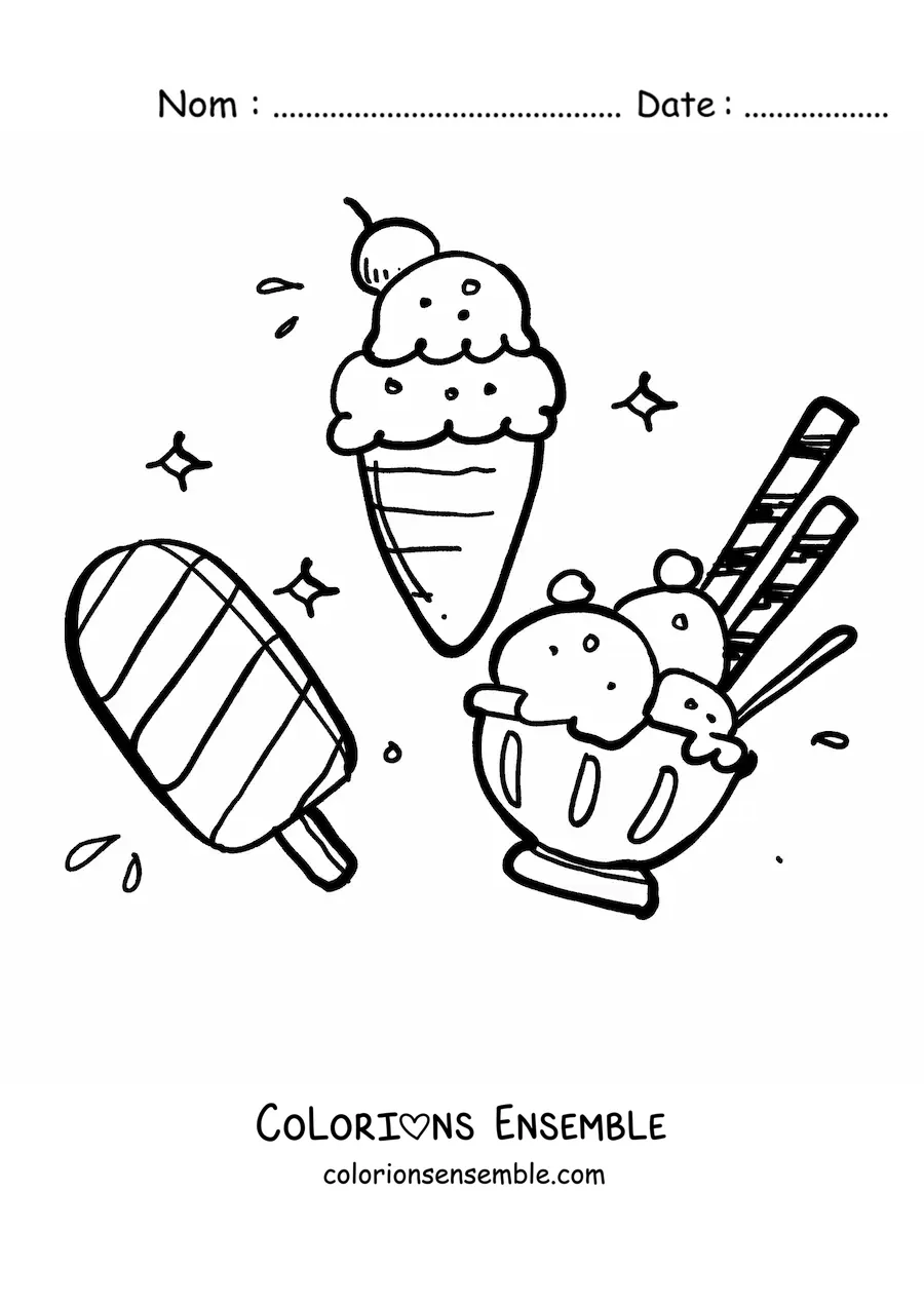 Image à colorier d'une glace à l'eau avec une coupe de glace et un cornet