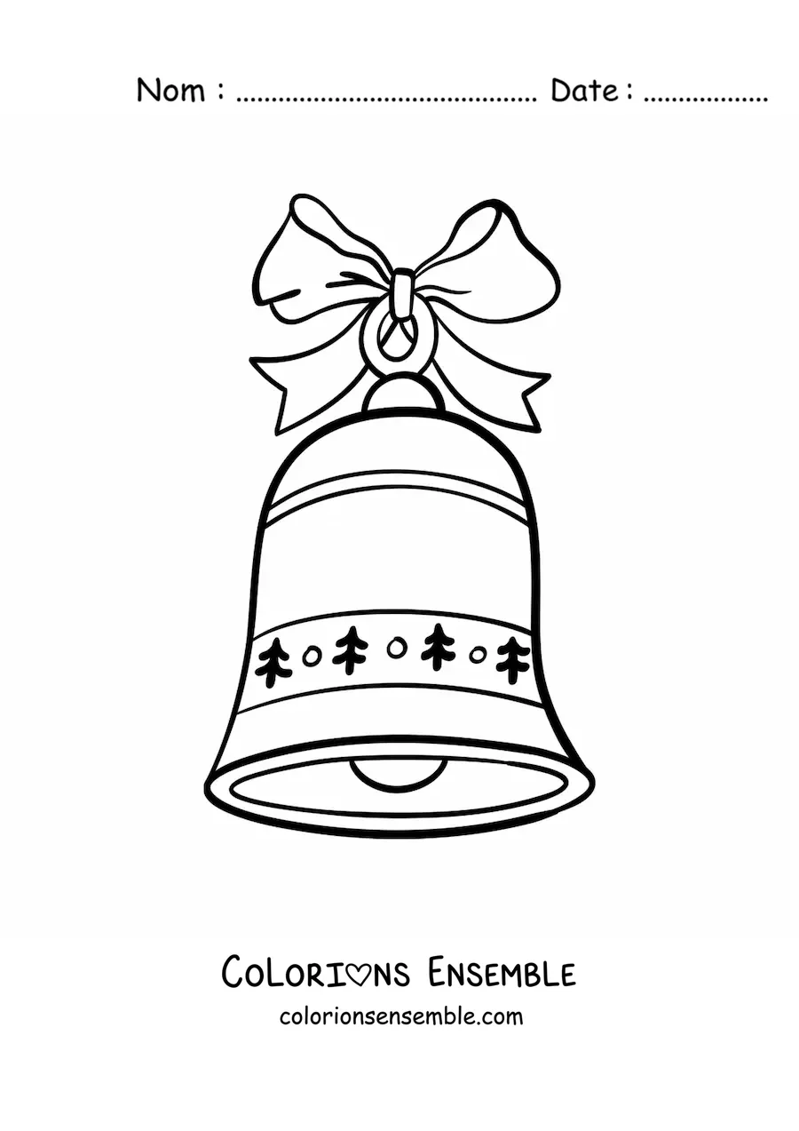 Image à colorier d’une cloche de Noël avec un nœud et des branches de pin