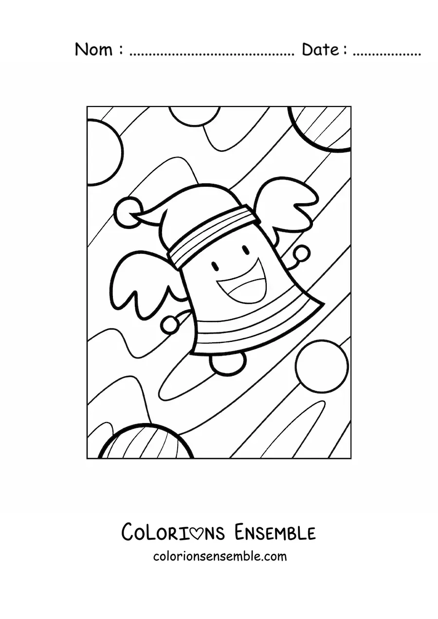 Image à colorier d’une cloche de Noël animée avec un bonnet de Père Noël