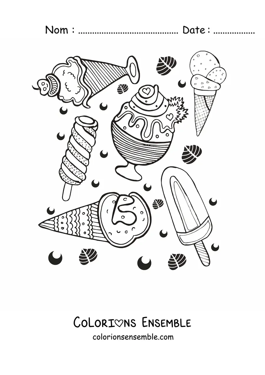 Image à colorier de plusieurs sortes de glaces
