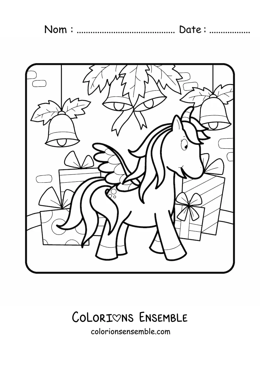 Image à colorier d’une licorne avec des cloches de Noël