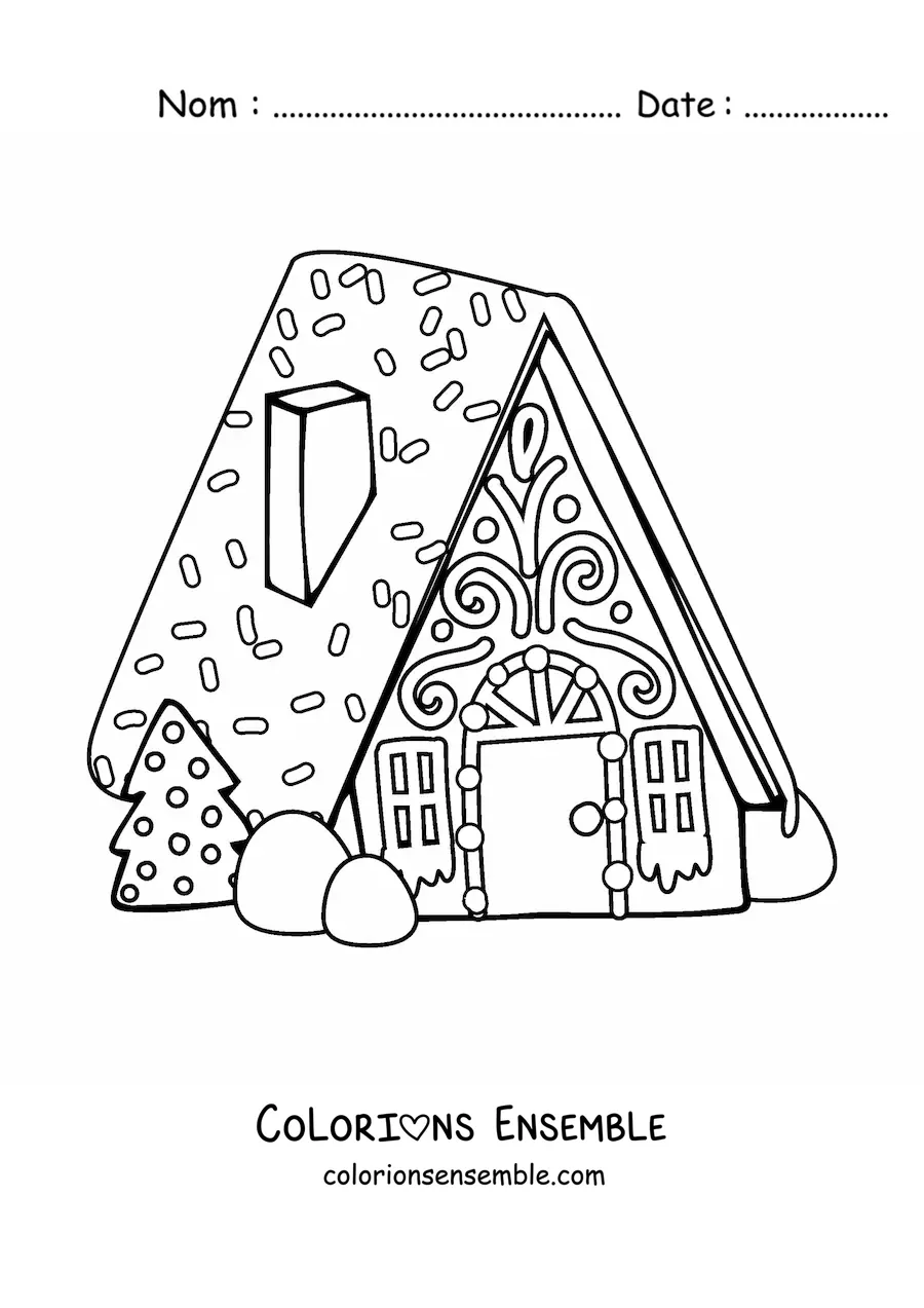 Image à colorier d’une maison en pain d’épices avec un sapin de Noël