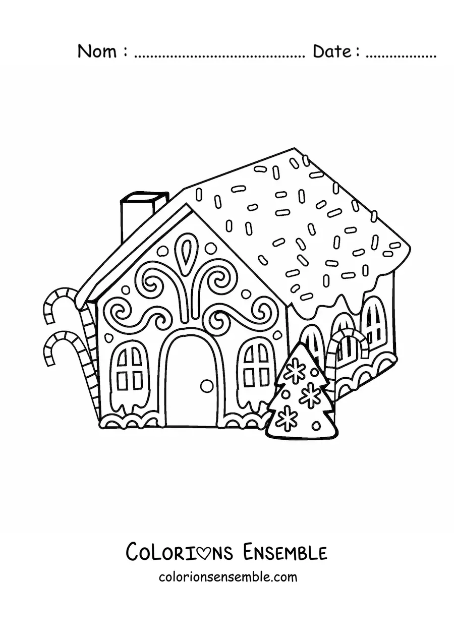 Image à colorier d’une maison en pain d’épices avec un sapin de Noël et des cannes de bonbon