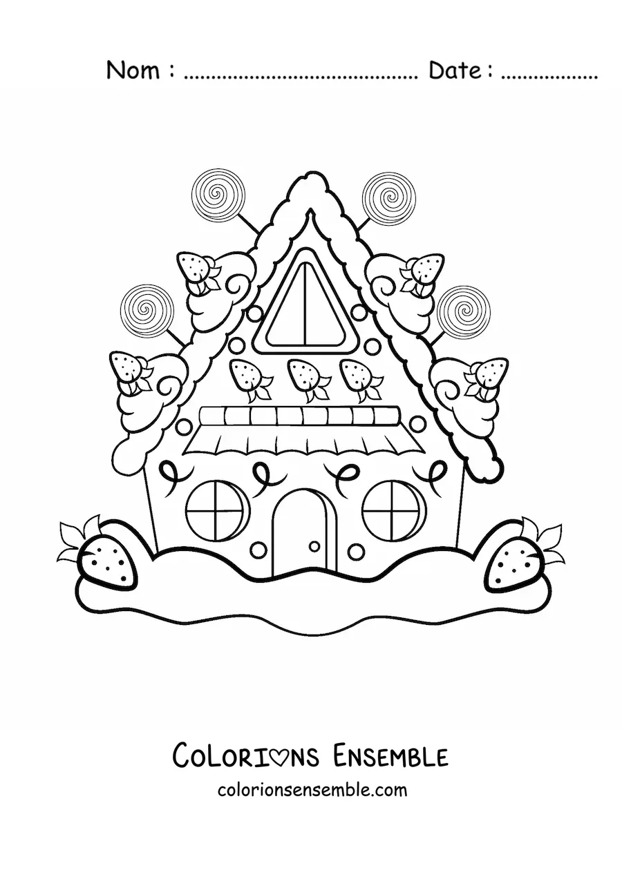 Image à colorier d’une maison en pain d’épices kawaii avec des fraises