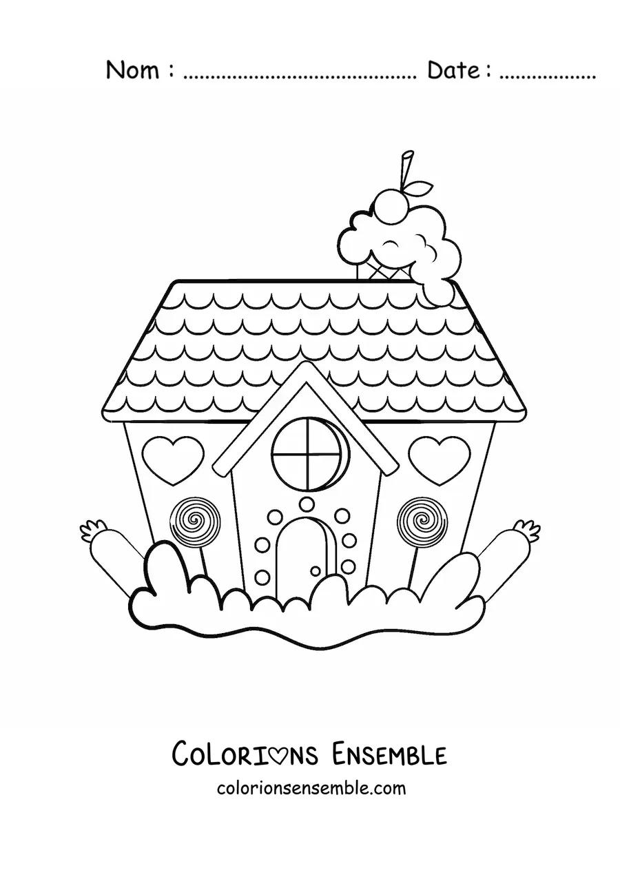 Image à colorier d’une maison en pain d’épices kawaii avec des cœurs