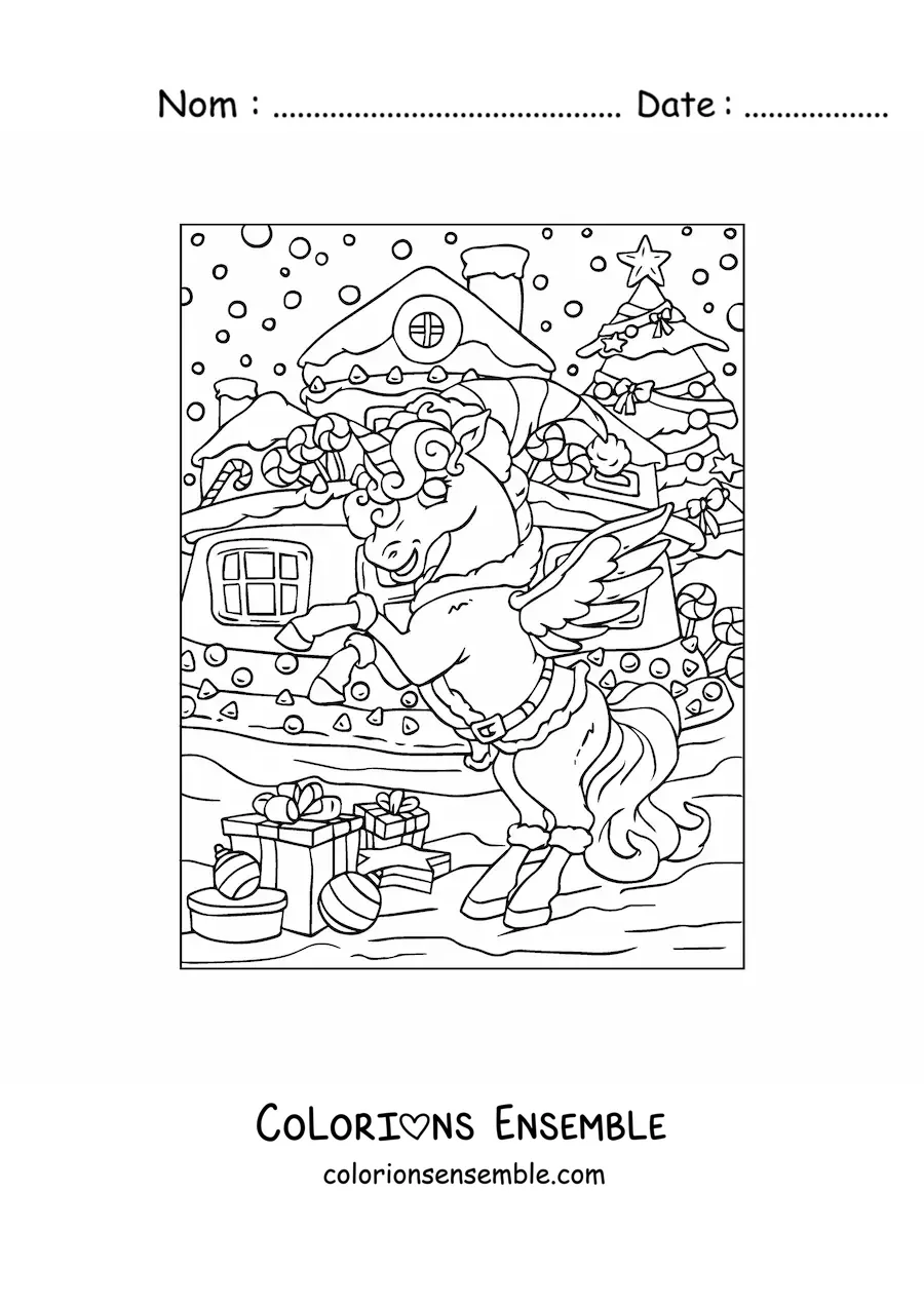 Image à colorier d’une licorne animée avec une maison en pain d’épices