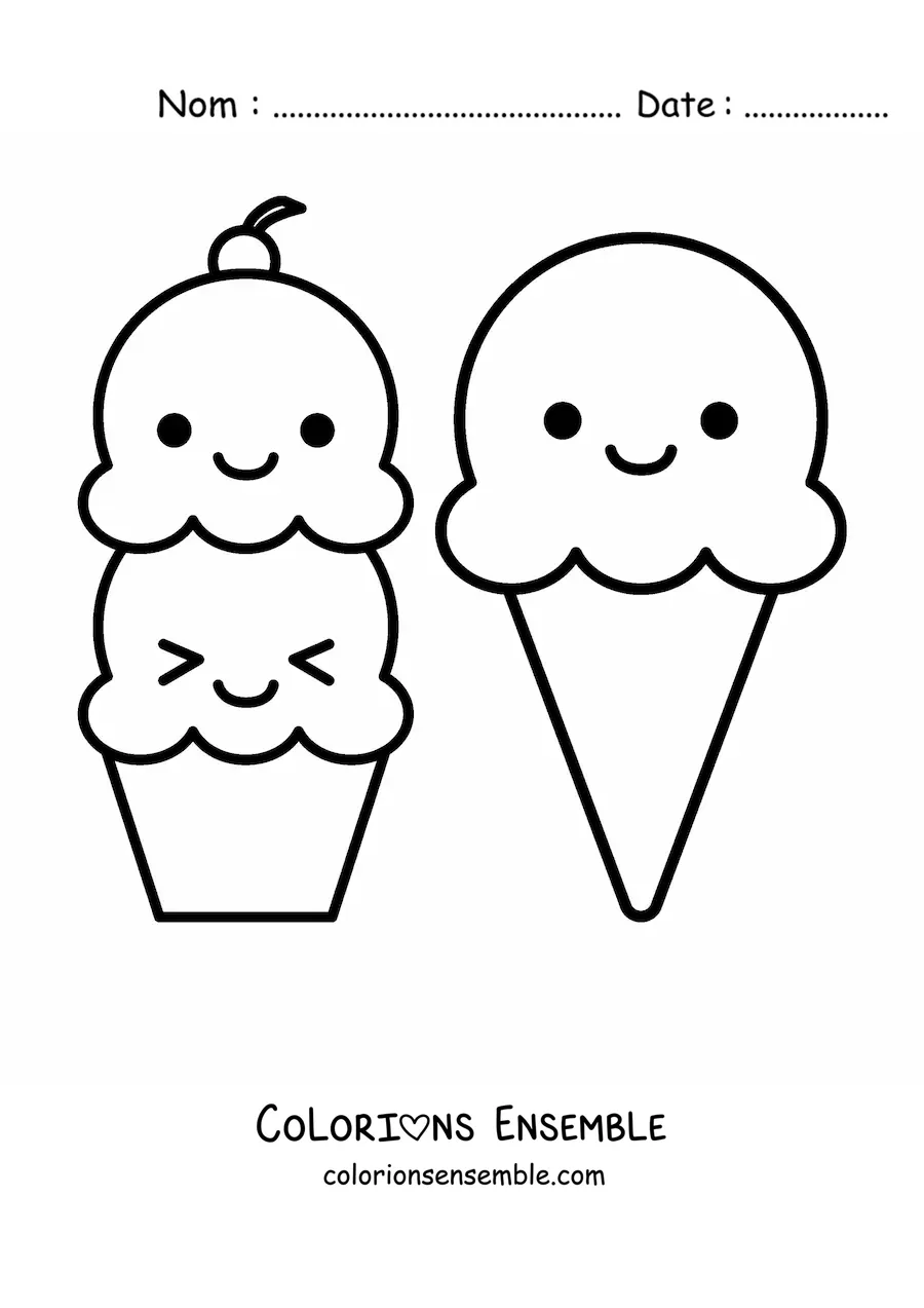 Image à colorier d'une glace à deux parfums et d'un cornet de glace kawaii