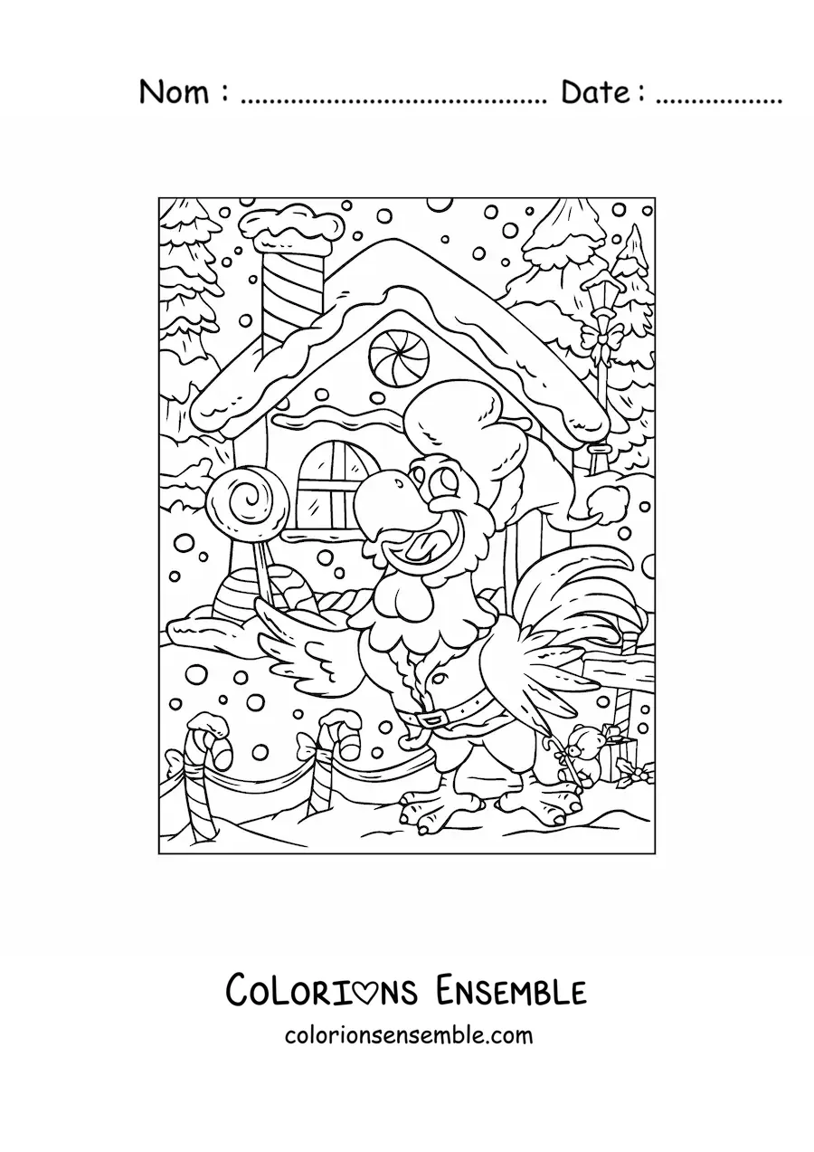 Image à colorier d’un perroquet animé avec une maison en pain d’épices