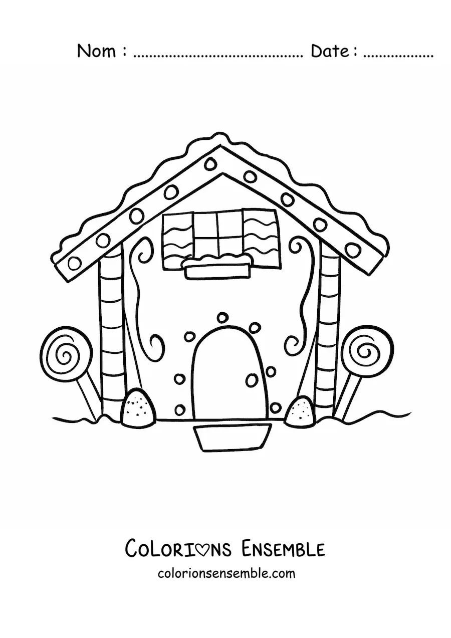 Image à colorier d’une maison en pain d’épices animée