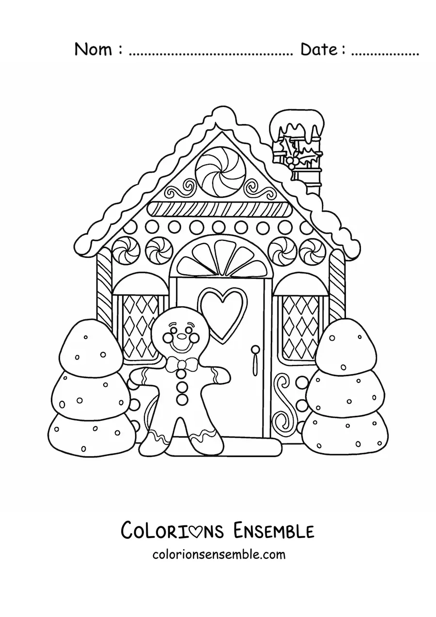 Image à colorier d’une maison en pain d’épices de Noël avec un bonhomme en pain d’épices