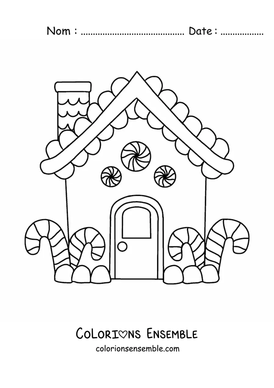 Image à colorier d’une petite maison en pain d’épices avec des cannes de bonbon