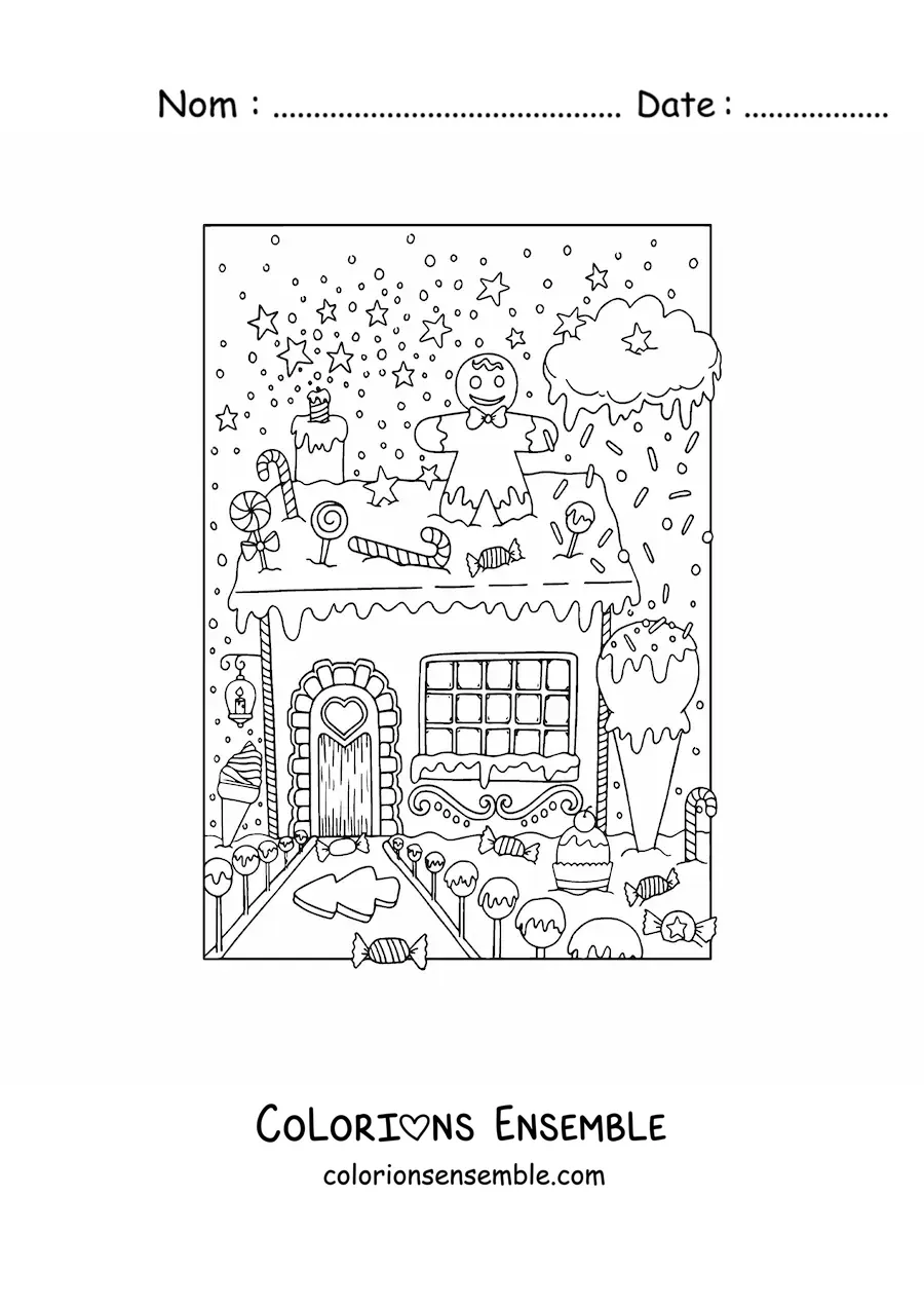 Image à colorier d’une maison en pain d’épices avec un jardin