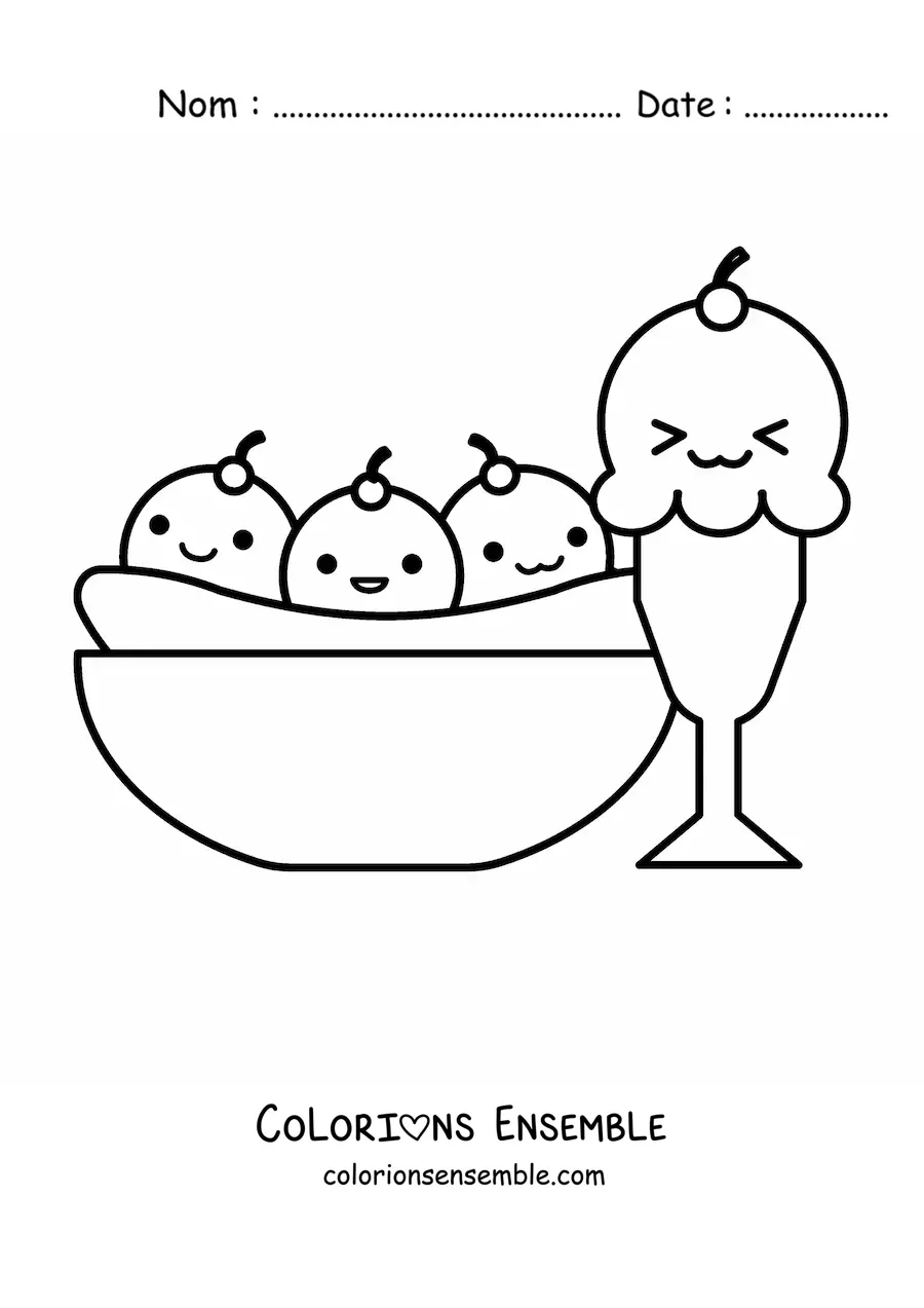 Image à colorier d'un banana split et d'une coupe de glace kawaii