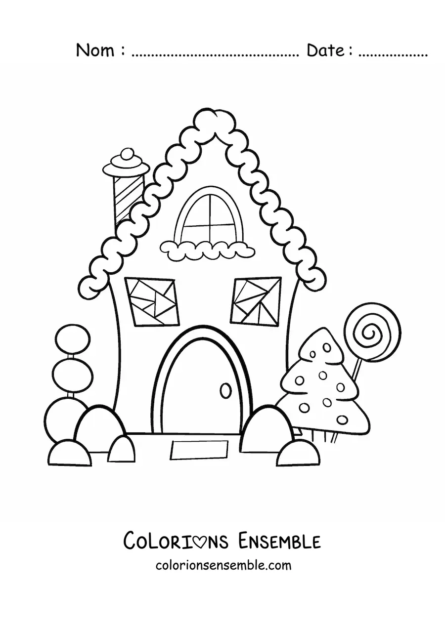 Image à colorier d’une maison en pain d’épices avec un pin de Noël
