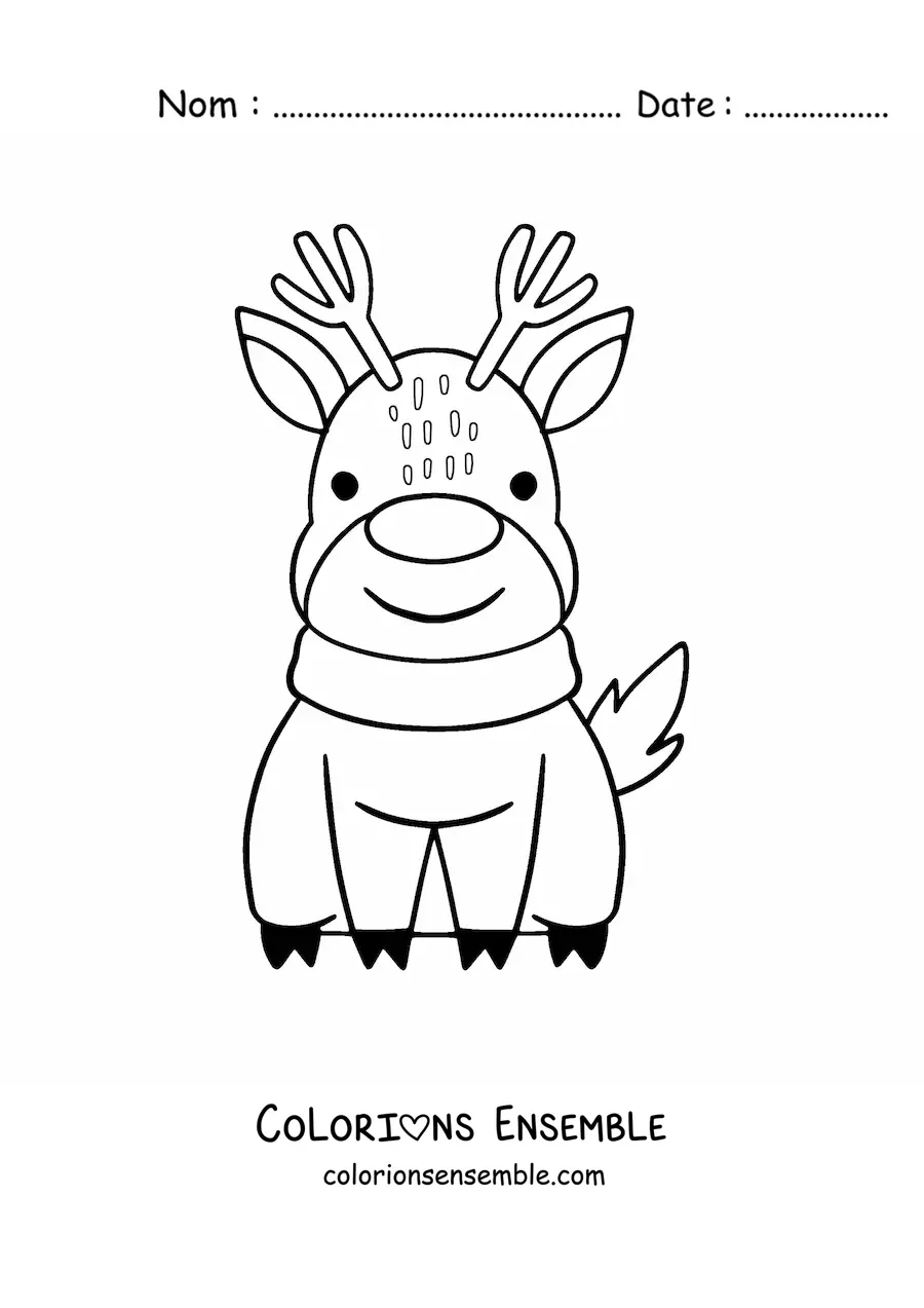 Image à colorier d’un renne de Noël kawaii assis