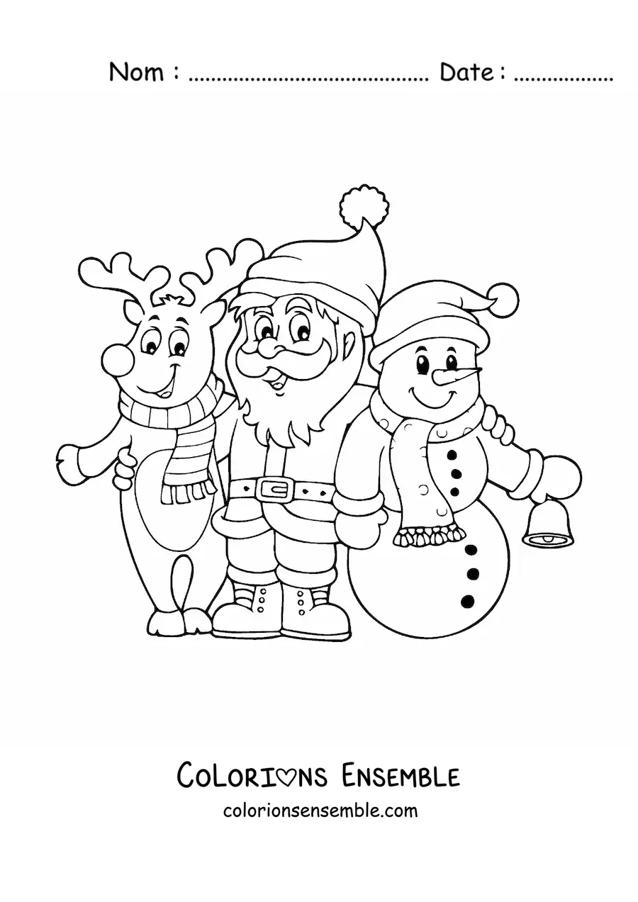 Image à colorier d’un renne de Noël avec le Père Noël et un bonhomme de neige
