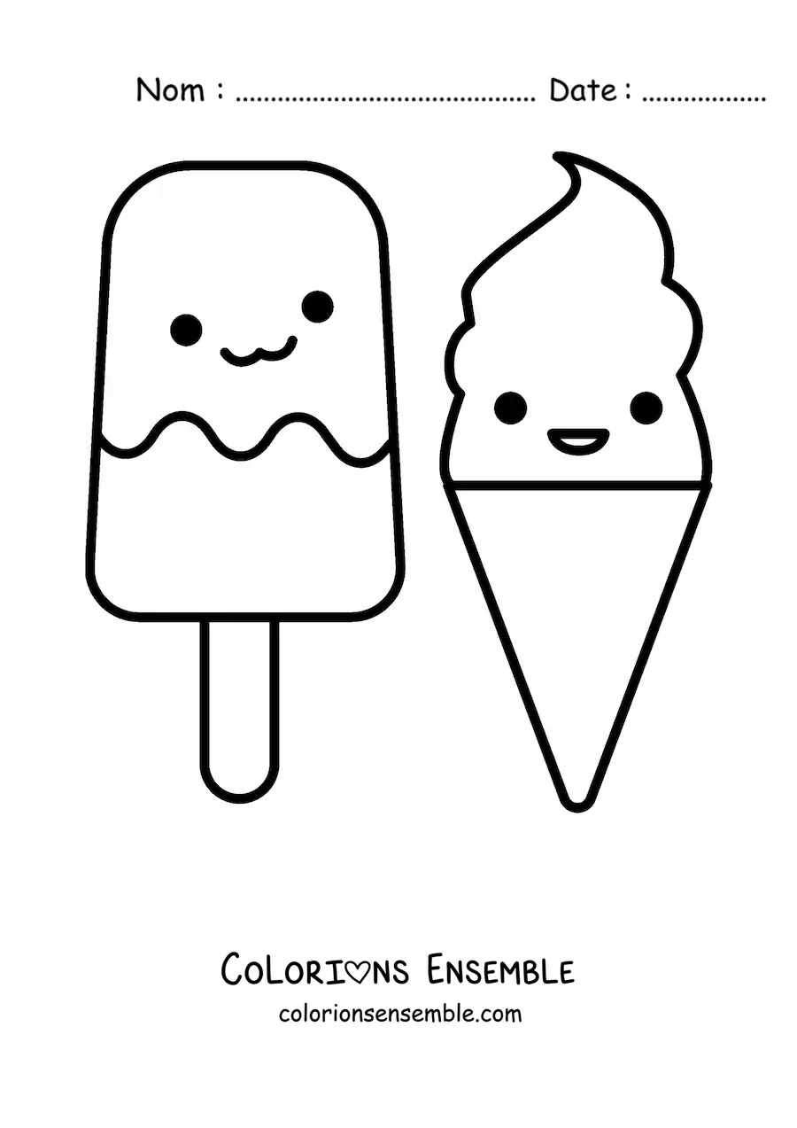 Image à colorier d'une glace à l'eau et d'un cornet de glace kawaii