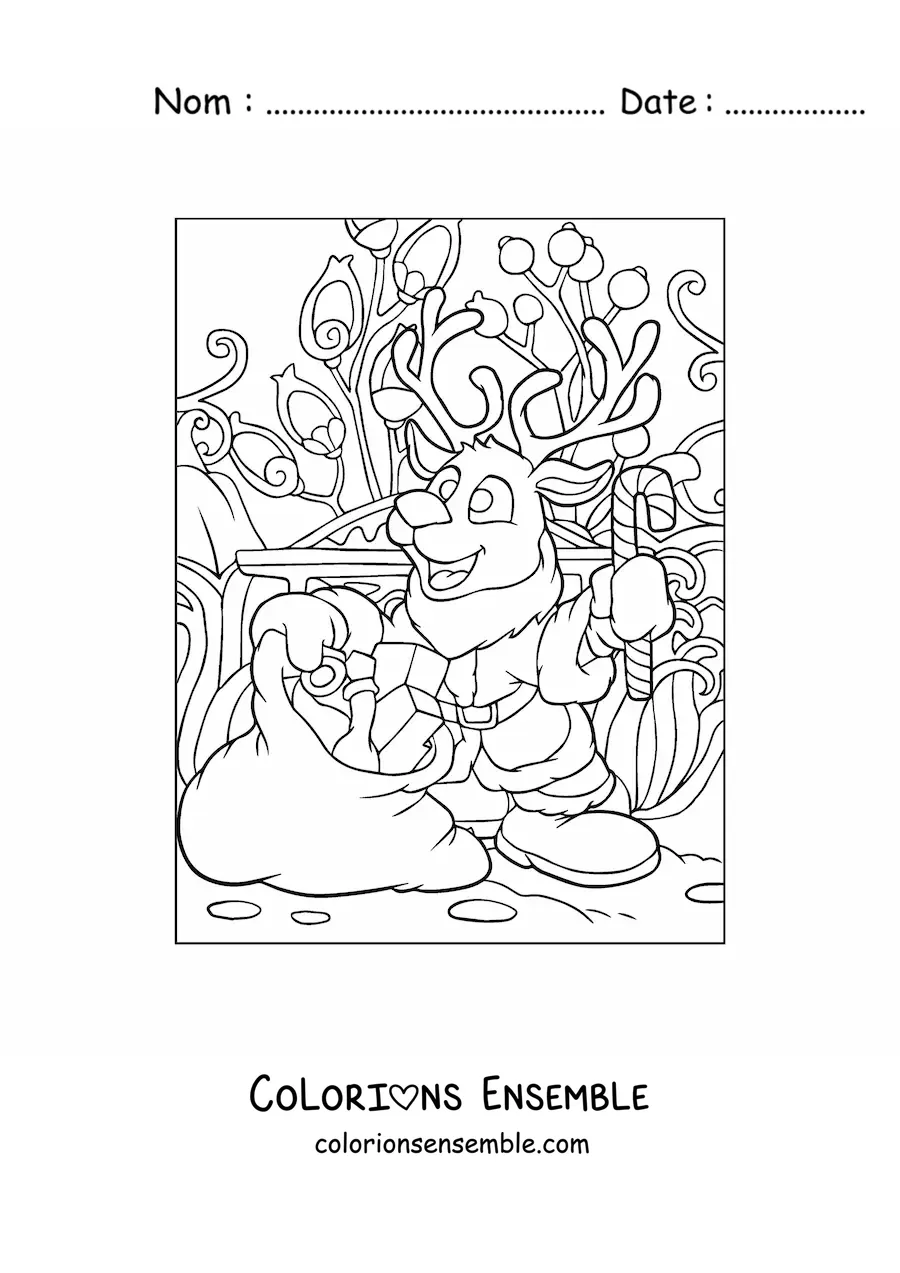 Coloriage d’un renne de Noël animé avec des cadeaux