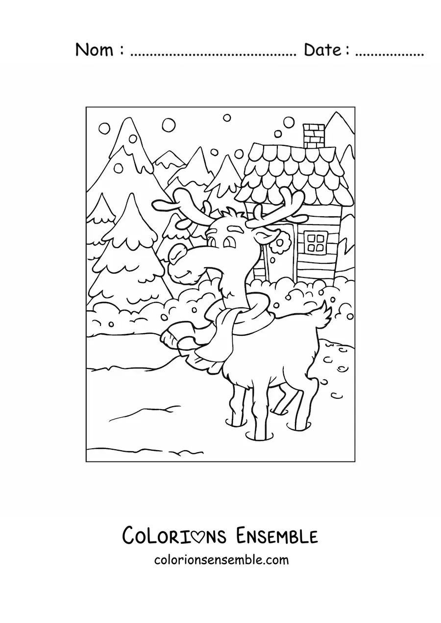Coloriage d’un renne de Noël animé dans la neige