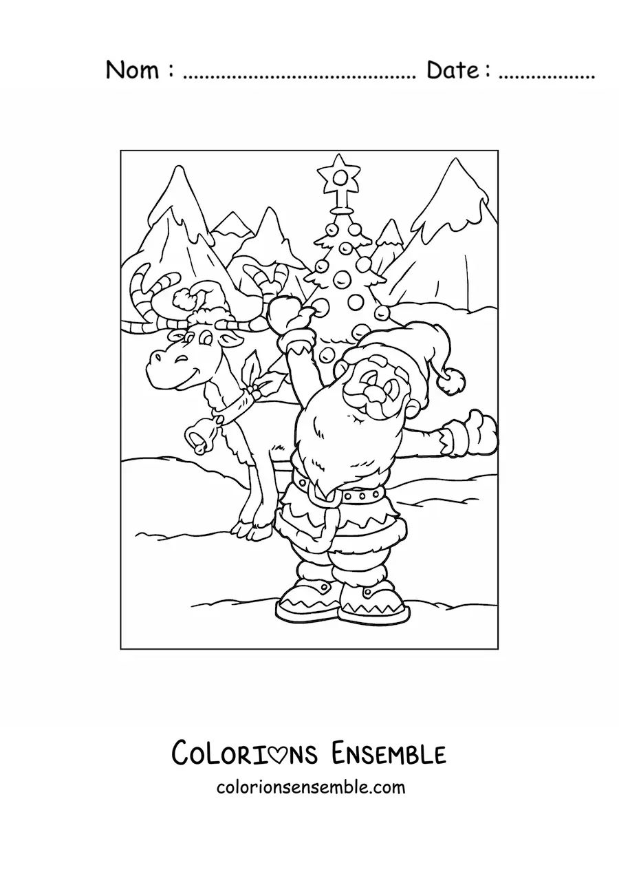 Coloriage d’un renne de Noël animé avec le Père Noël