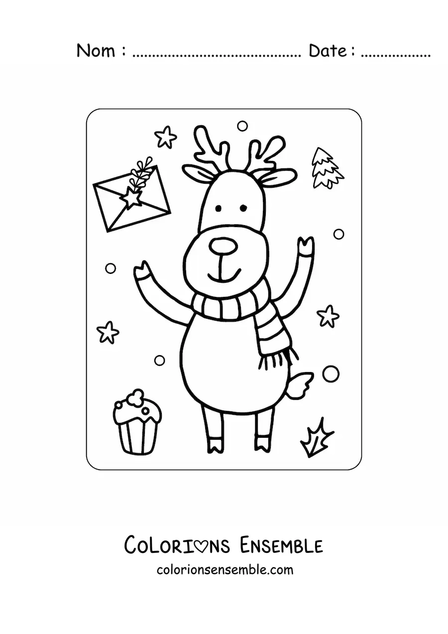Coloriage d’un renne de Noël kawaii animé avec une écharpe