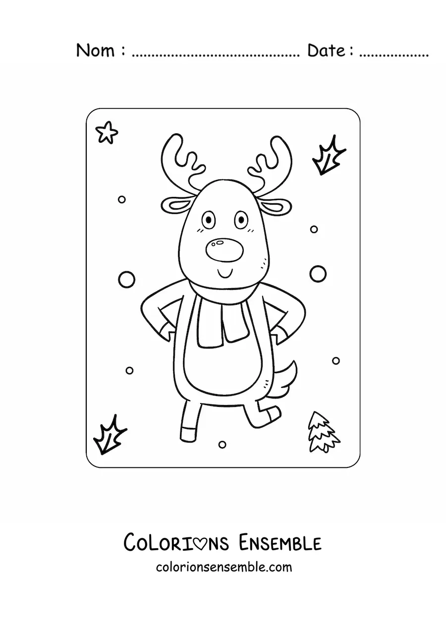 Coloriage d’un renne de Noël animé avec une écharpe