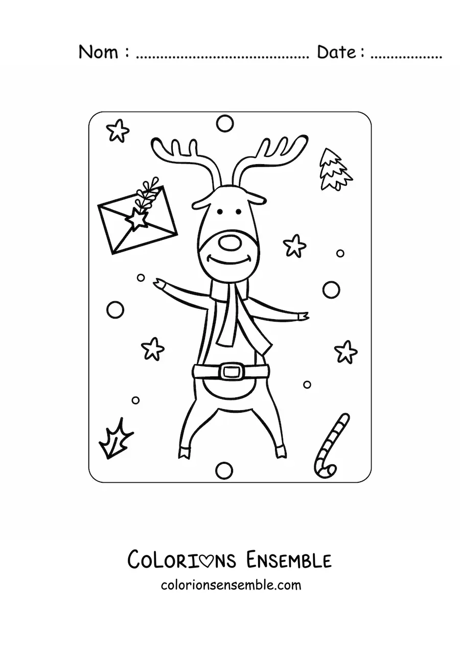 Coloriage d’un renne de Noël animé avec une écharpe