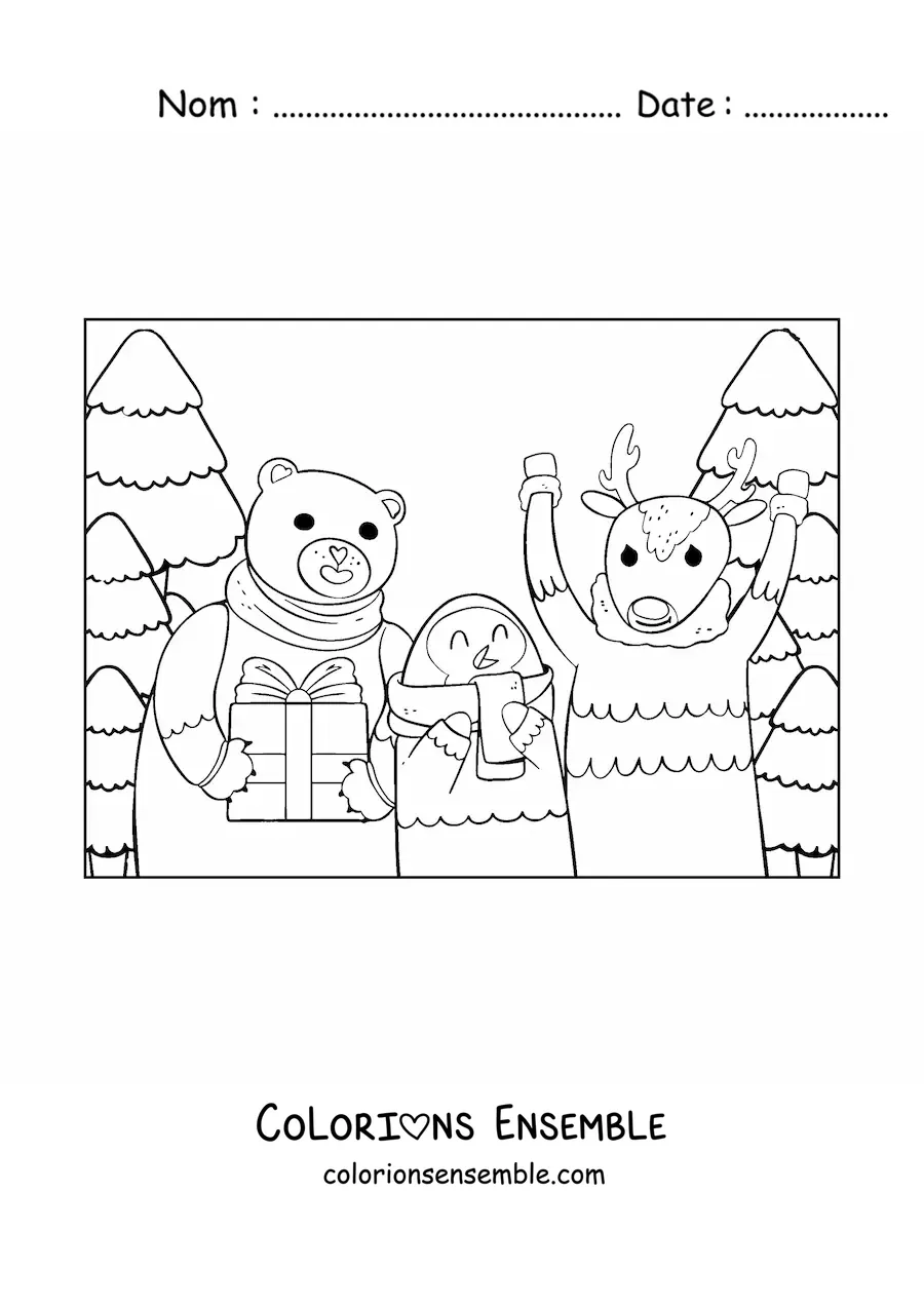 Coloriage d’un renne de Noël avec des animaux et des cadeaux