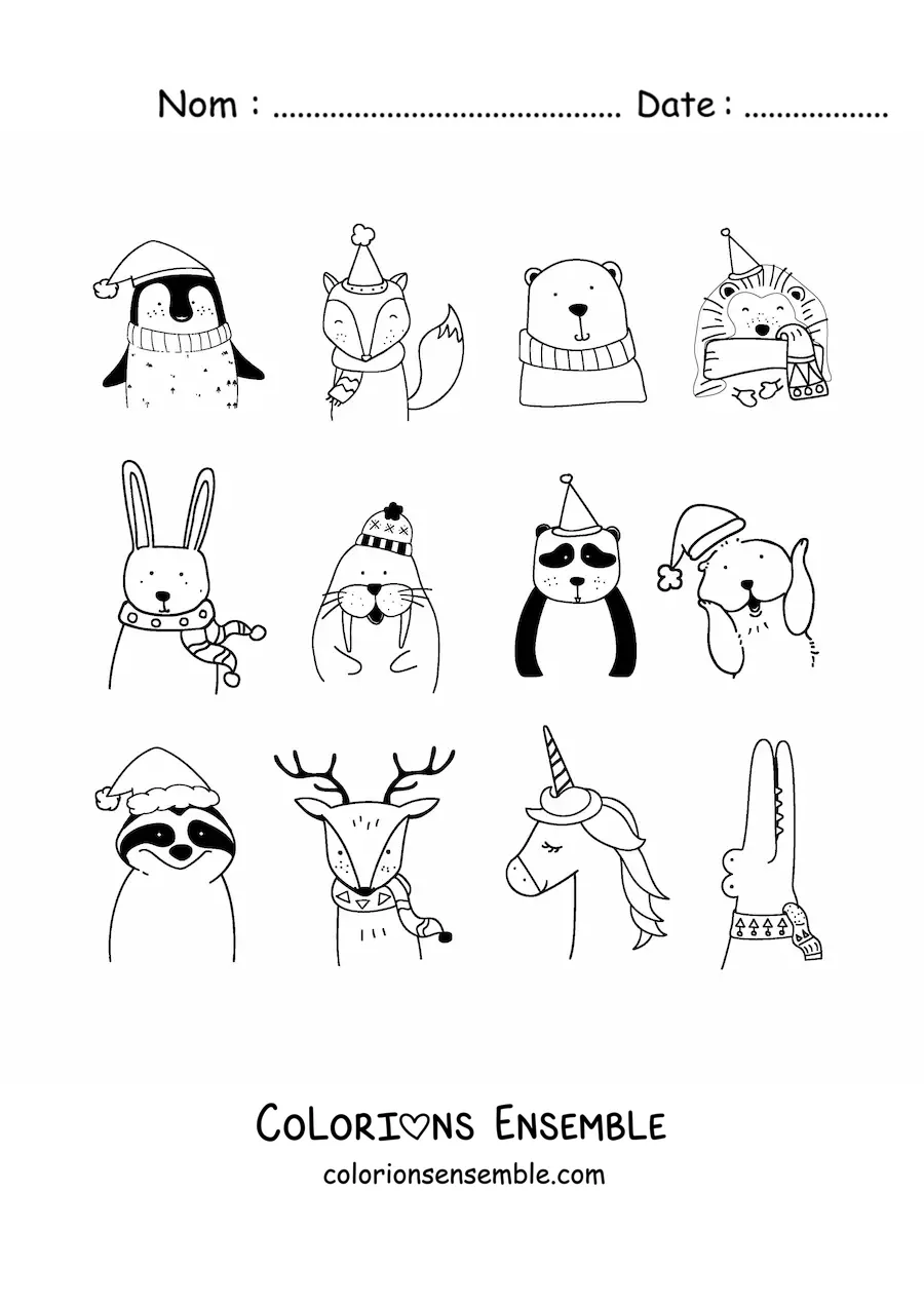 Coloriage d’un renne de Noël avec des animaux de Noël