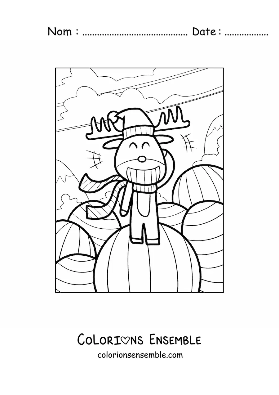 Coloriage d’un renne de Noël animé avec un bonnet de Père Noël