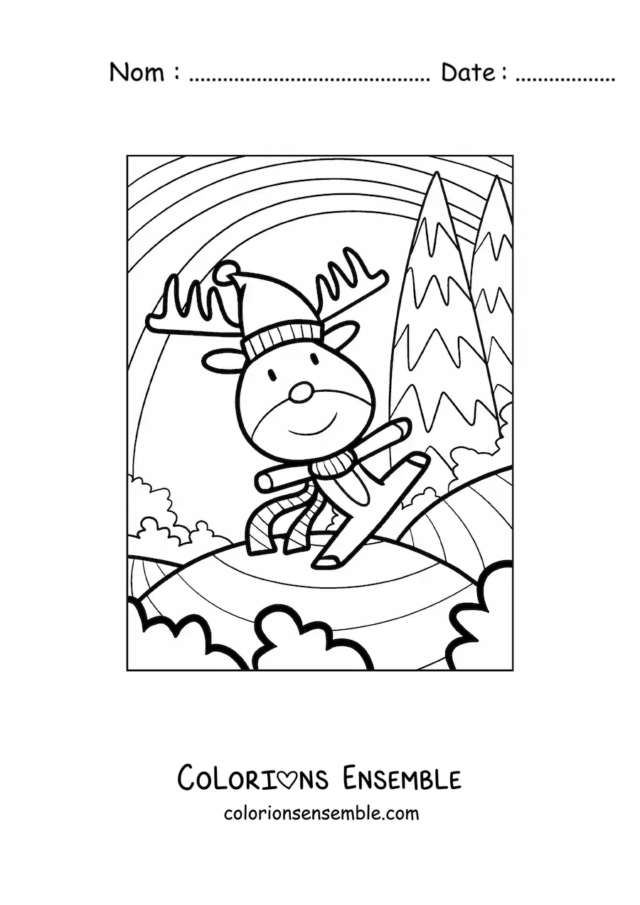 Coloriage d’un renne de Noël animé avec un bonnet de Père Noël