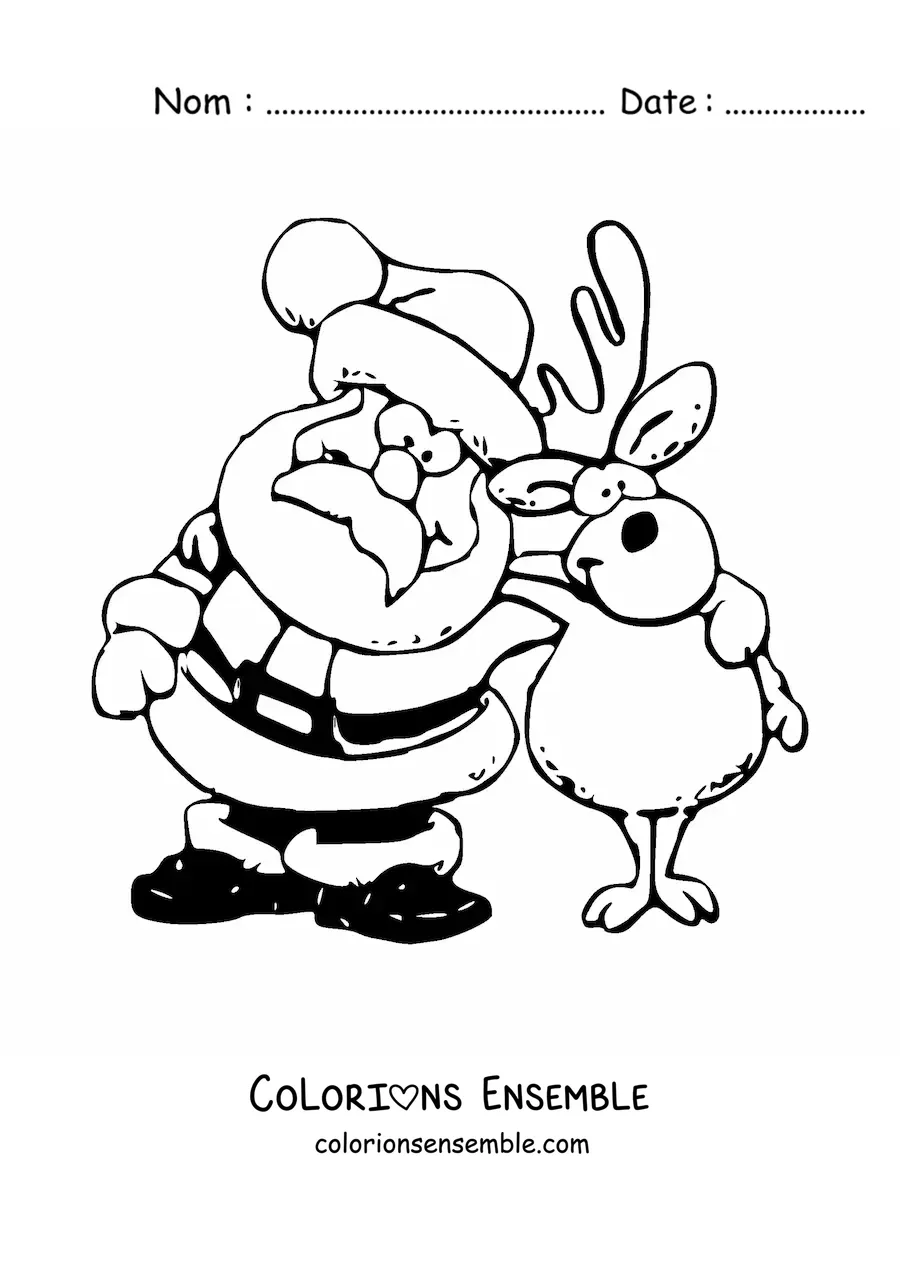 Coloriage d’un renne de Noël avec le Père Noël
