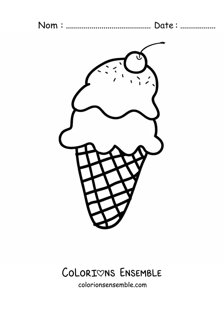 Image à colorier d'un cornet de glace double avec une cerise