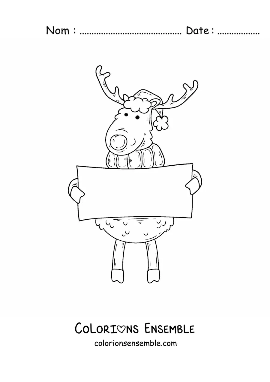 Coloriage d’un renne avec une pancarte et un bonnet de Noël
