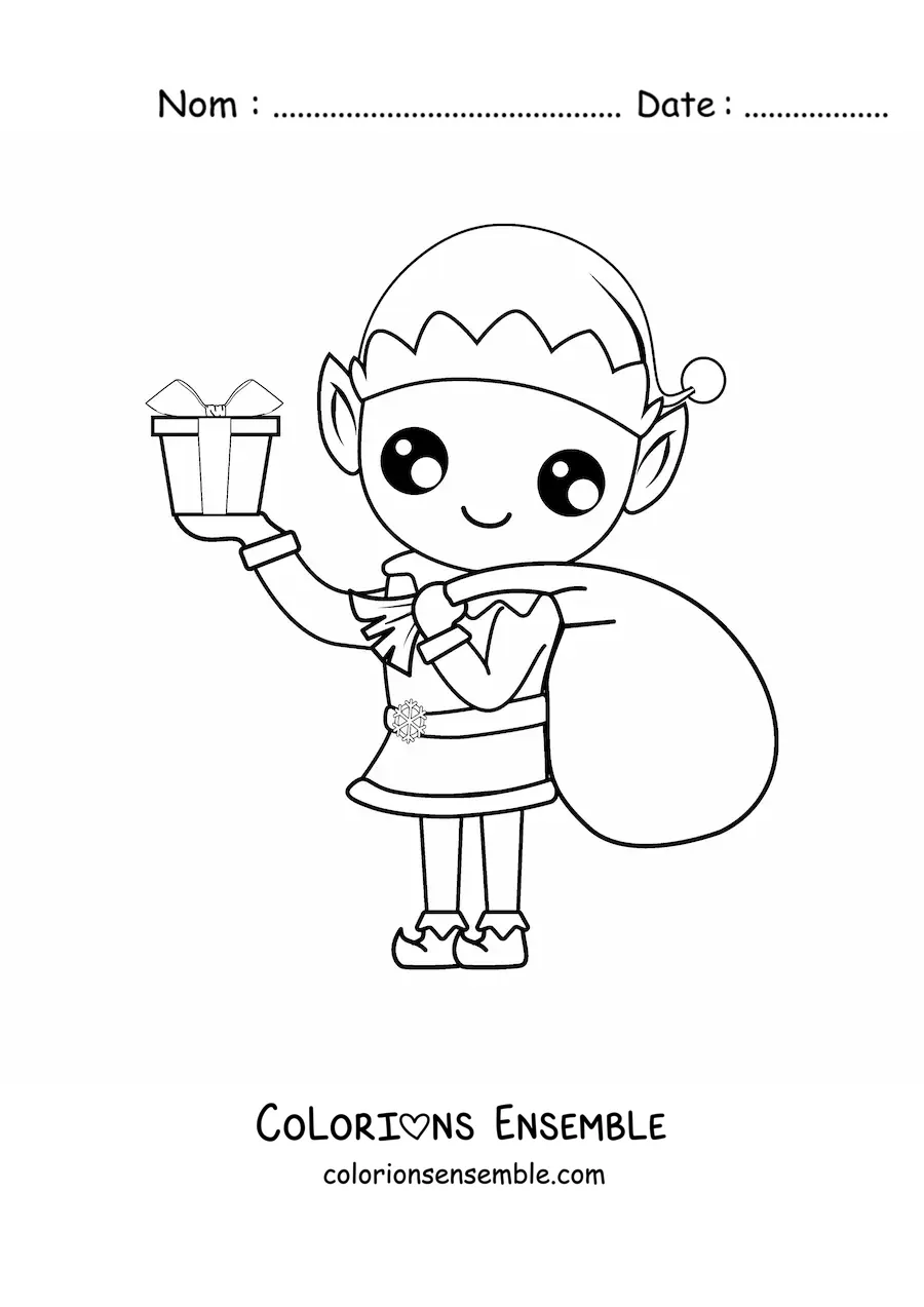 Coloriage d’un lutin de Noël avec un sac de cadeaux
