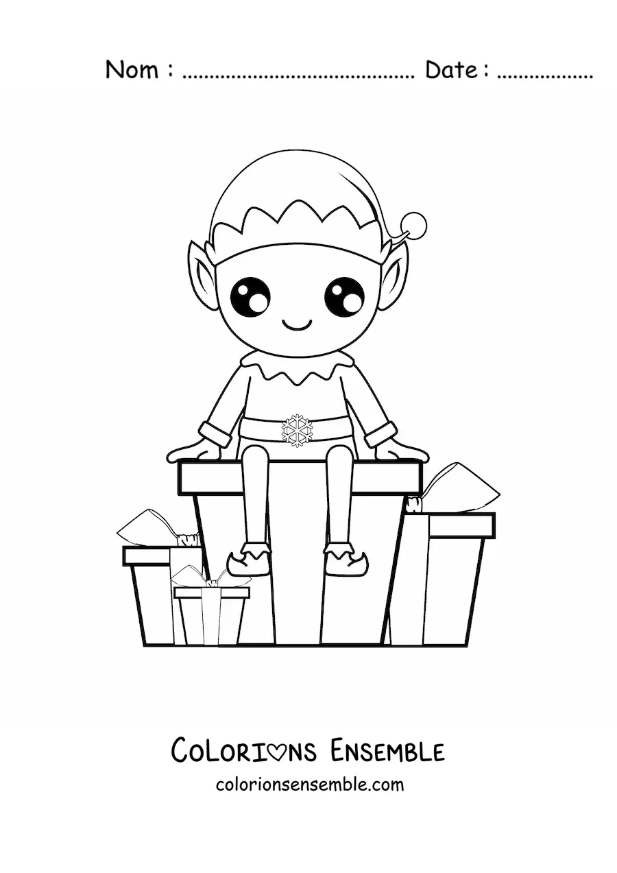 Coloriage d’un lutin de Noël avec des cadeaux