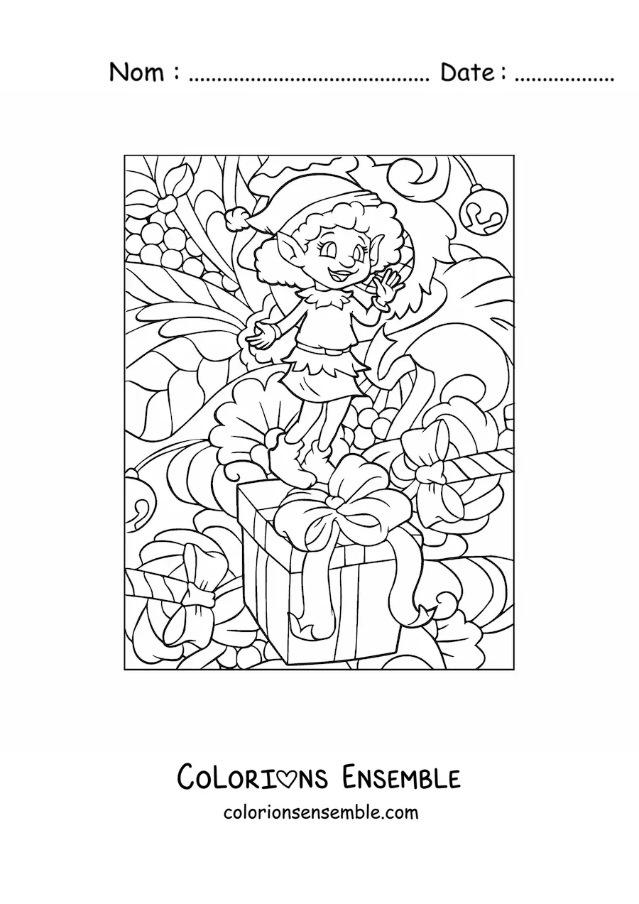 Coloriage d’une fille lutin de Noël avec un cadeau