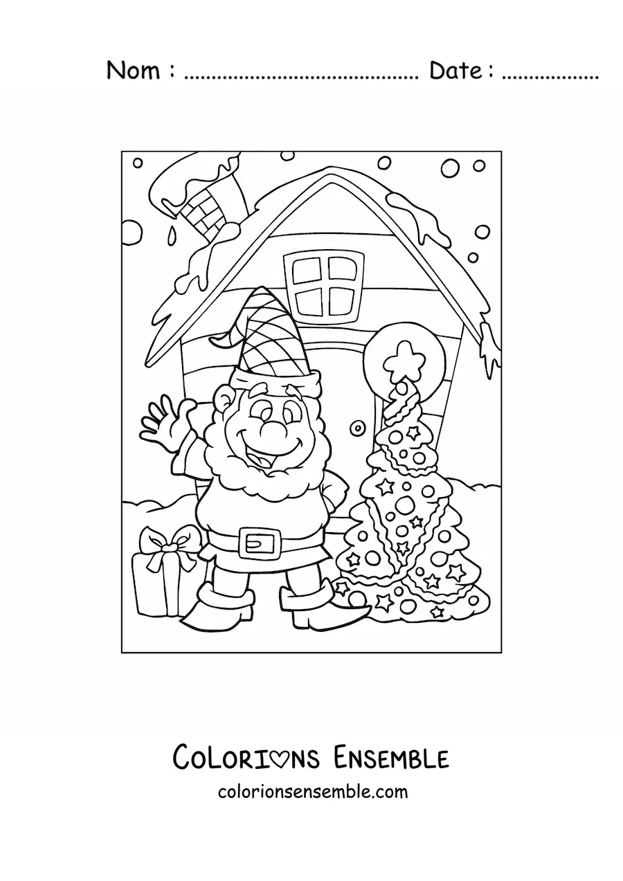 Coloriage d’un lutin de Noël avec un sapin