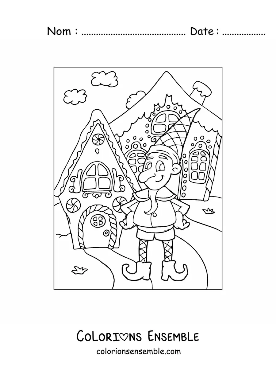 Coloriage d’un lutin de Noël avec une maison en pain d’épices