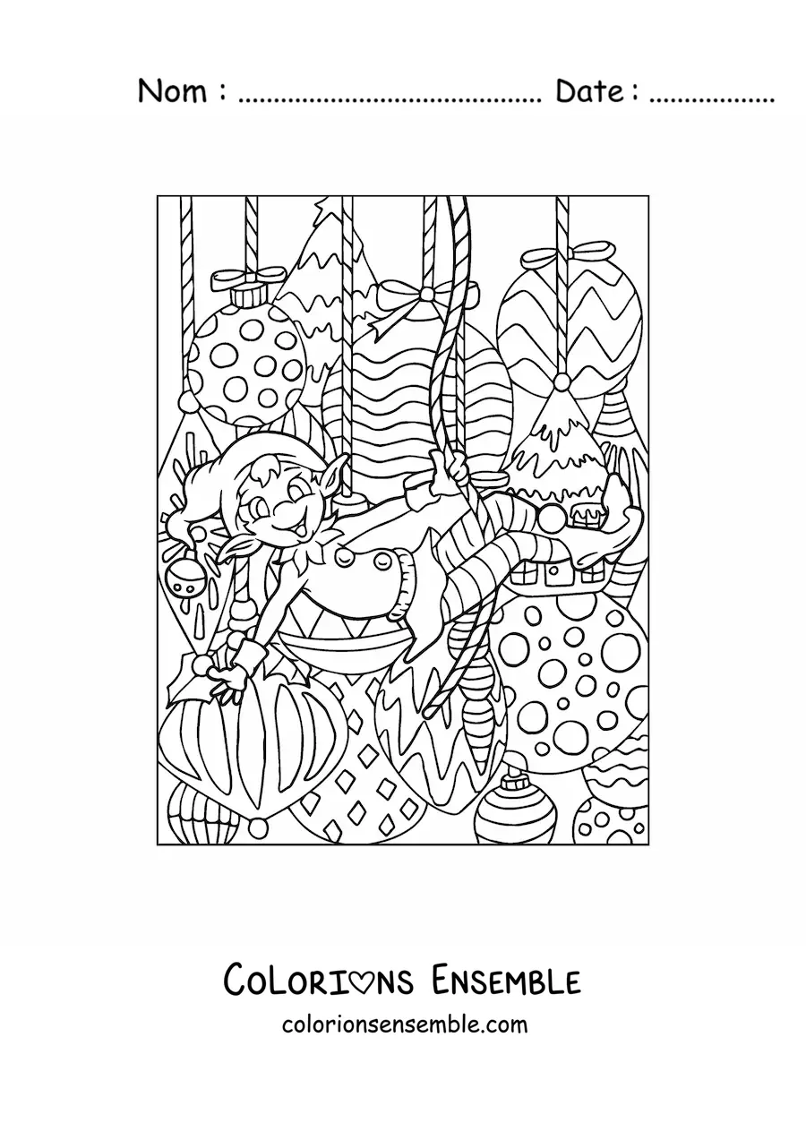 Coloriage d’un lutin de Noël avec des boules de Noël