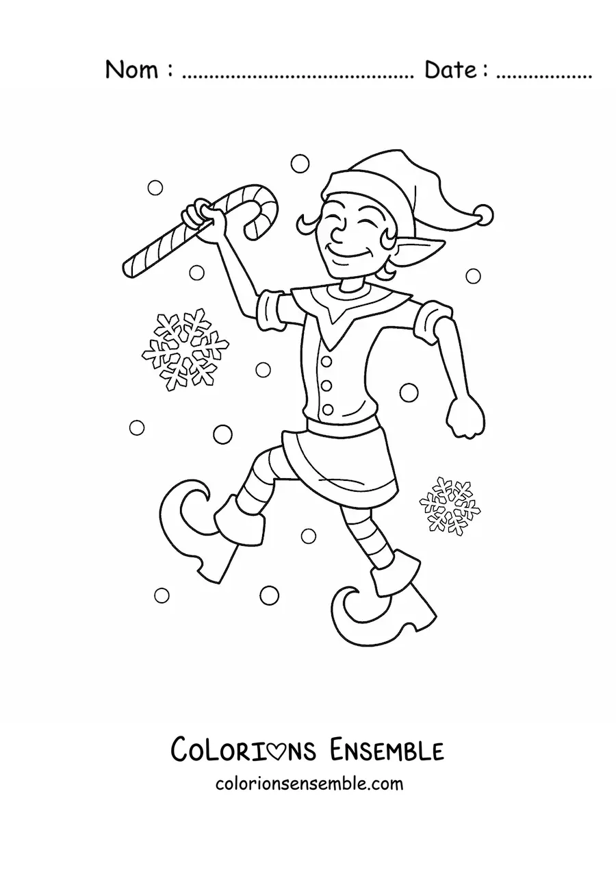 Coloriage d’un lutin de Noël avec une canne en sucre
