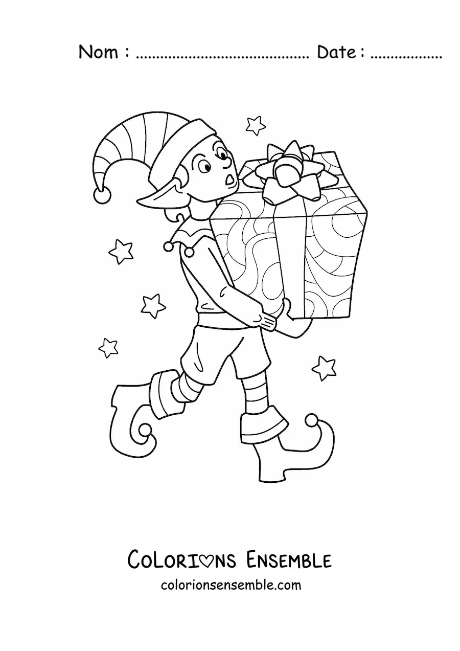 Coloriage d’un lutin de Noël avec un cadeau