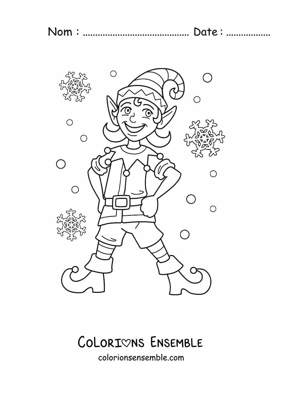 Coloriage d’un lutin de Noël avec des flocons de neige