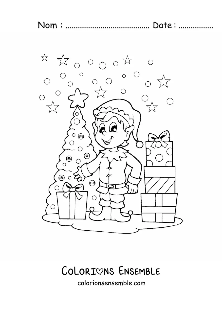 Coloriage d’un lutin de Noël près du sapin et des cadeaux